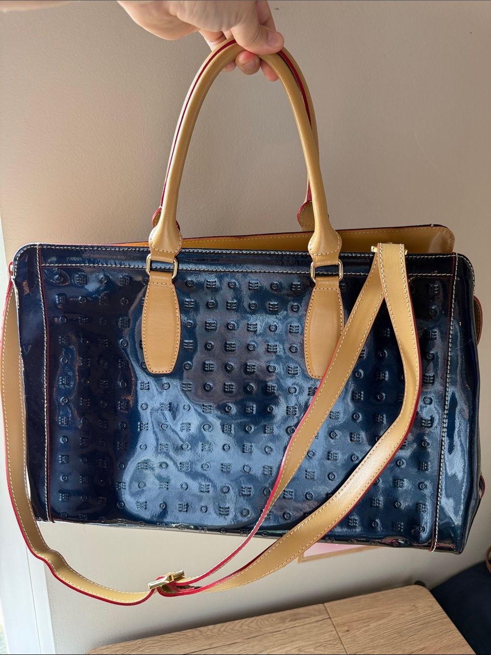 Arcadia Navy Patent Tote with Tan Handles and Strap - Italian Leather
